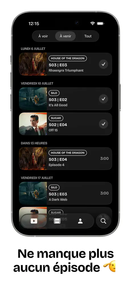 Onglet À venir de Showtime, avec les épisodes regroupés par date de diffusion.