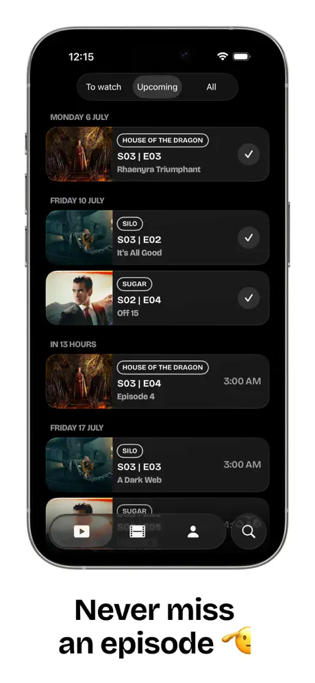 Showtime Upcoming tab, listing episodes grouped by air date.