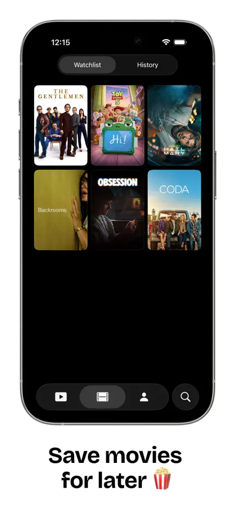 Showtime Movies tab, showing the watchlist as a grid of posters.