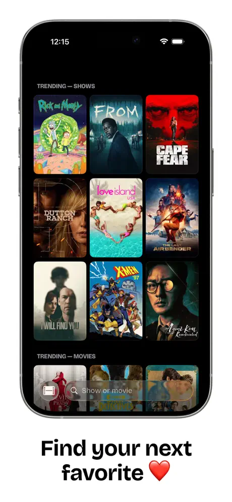 Showtime search tab, showing trending shows and movies.