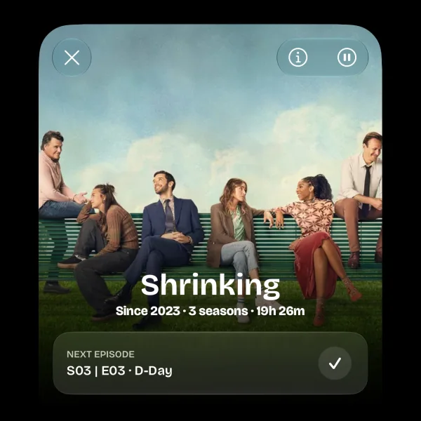 A show page with a next episode row and a check button to mark it watched.