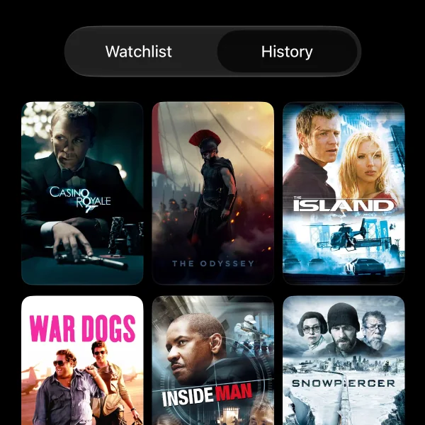 The Movies tab with its Watchlist and History segments, showing a grid of film posters.