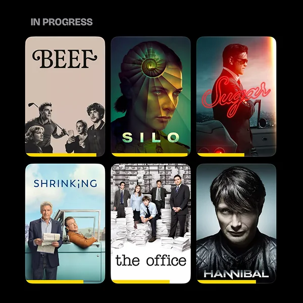 The In progress section, showing six series posters each with a progress bar.