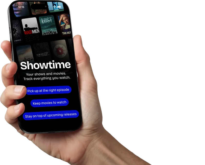 A hand holding an iPhone running Showtime, showing the app name over a wall of TV show posters.